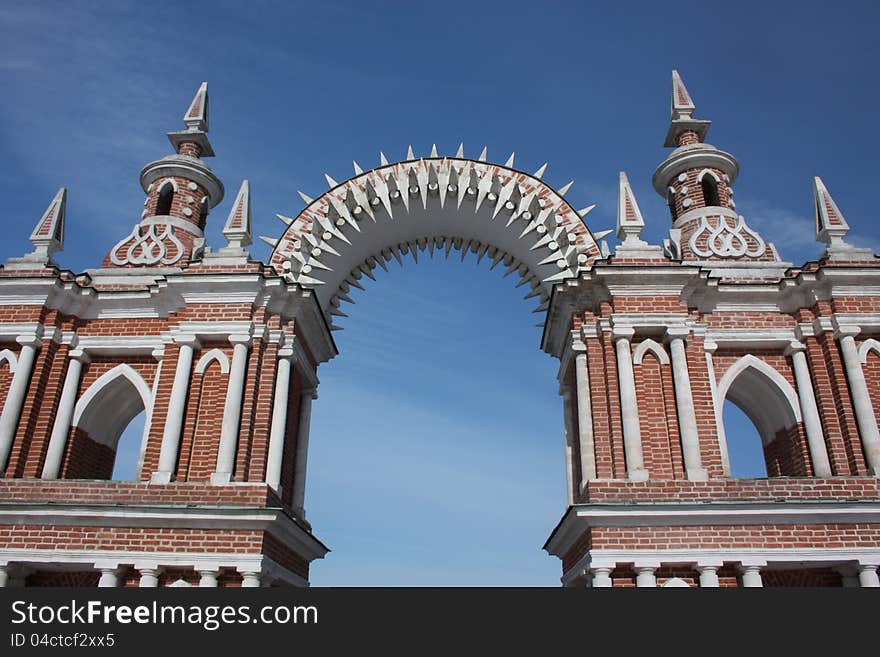 Russia, Moscow. Museum Tsaritsyno. Galyareya-fence with a gate, a fragment.