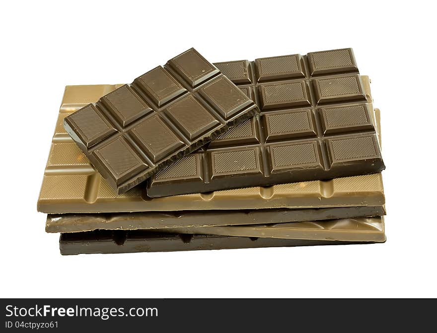 Milk chocolate with nuts and bitter on a white background