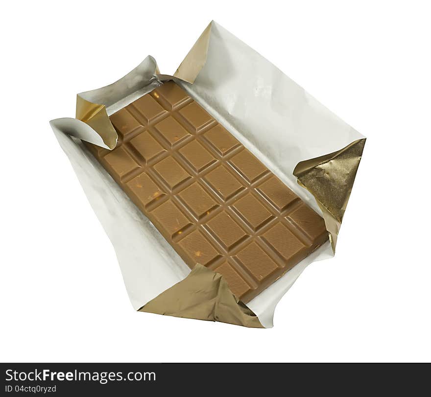 Milk chocolate with hazelnuts and almonds wrapped in white background