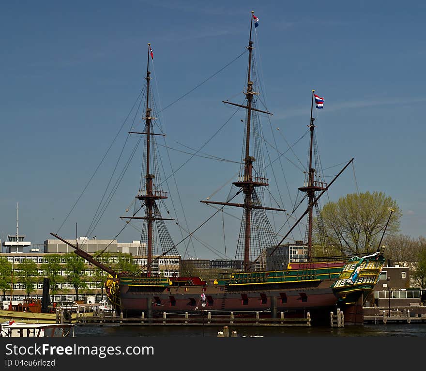 The VOC ship Amsterdam replica moored near the Netherlands Maritime Museum. The VOC ship Amsterdam replica moored near the Netherlands Maritime Museum