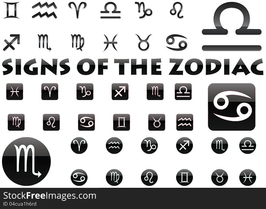 Logo-like Zodiac Star Signs isolated on a white background. Three sets of different styles.