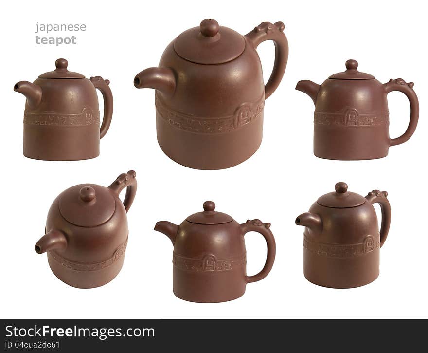 Brown teapot on white background in several positions