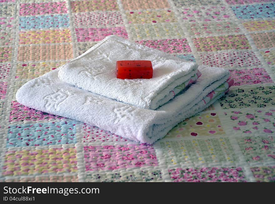 Decorating with red bedding towels and soap with herbs. Decorating with red bedding towels and soap with herbs.