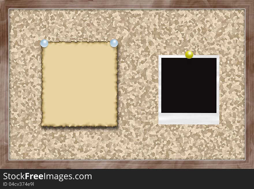 Cork bulletin board with note and instant photo card. Cork bulletin board with note and instant photo card.