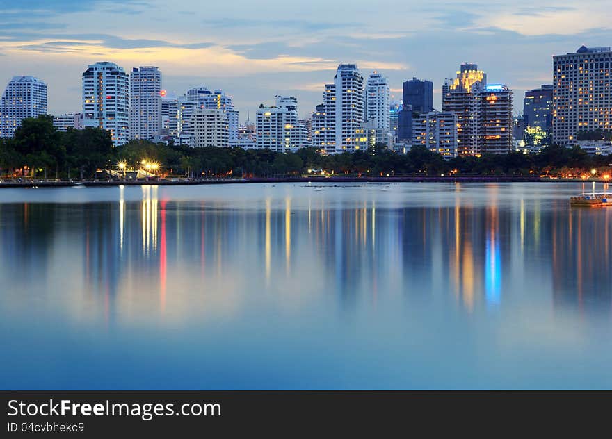 Building a city at night with lights in Bangkok, Thailand.