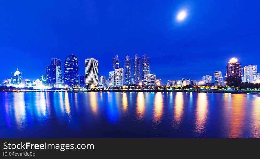 City at night. A modern building in Bangkok, Thailand.