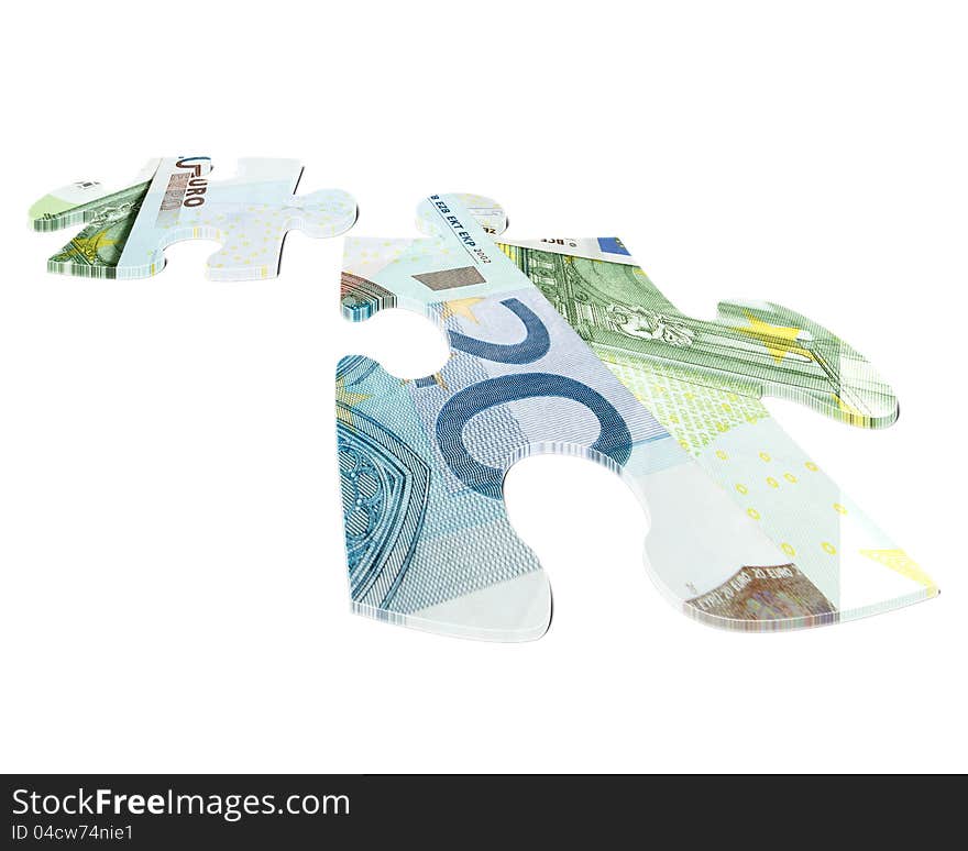 Two pieces of Euro banknotes puzzles on white background