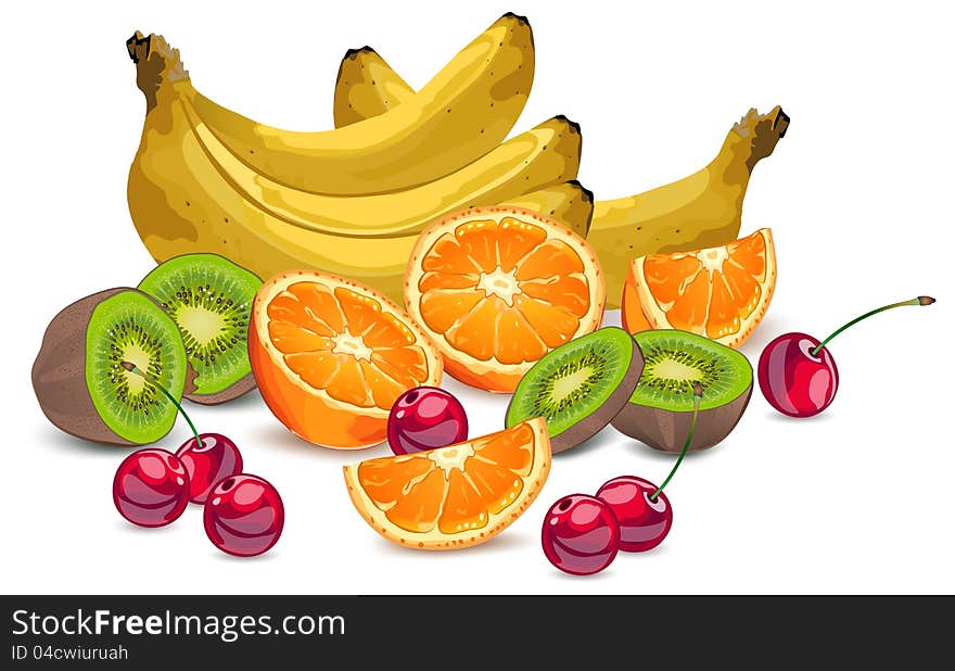 Set of fruits bananas oranges kiwi cherries vector illustration