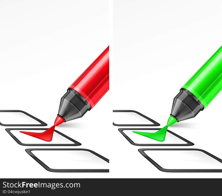 Green and red felt tip pen with check mark and box on white, vector illustration. Green and red felt tip pen with check mark and box on white, vector illustration