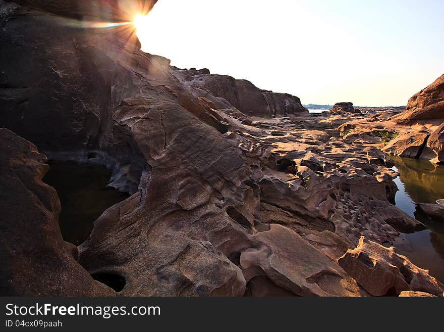 Sunset at Sam Phan Bhok Grand Canyon, Mekhong river, Ubon Ratchathani, Thailand