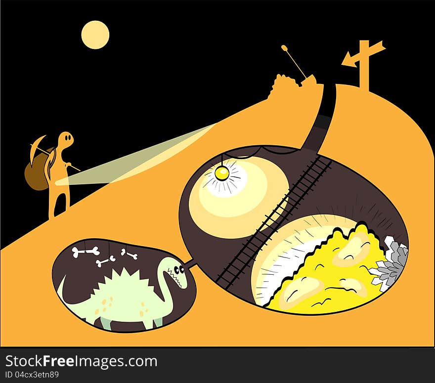 Man in search of gold rising over the mountain, where the dragon living, abstract illustration