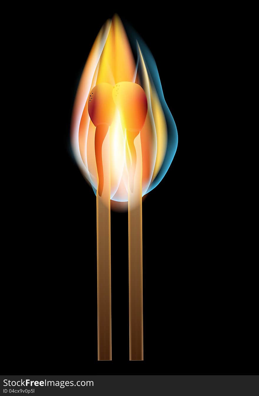 Two burning matches a black background. Burn in the fire of love. Vector