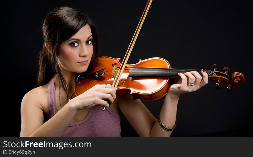 Beautiful Brunette Wman Music Maker Plays Violin