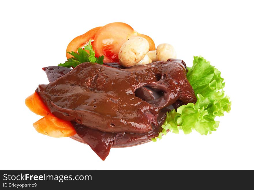 Fresh and raw liver on white background