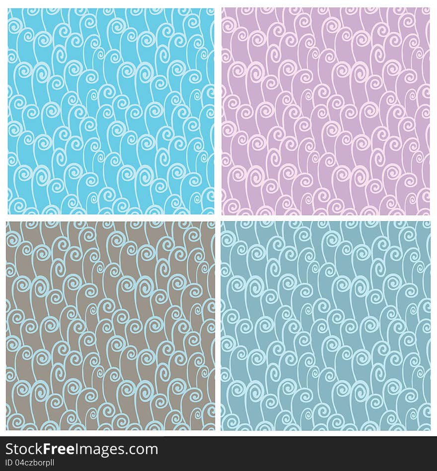 Set of abstract spirals vector seamless patterns. Set of abstract spirals vector seamless patterns