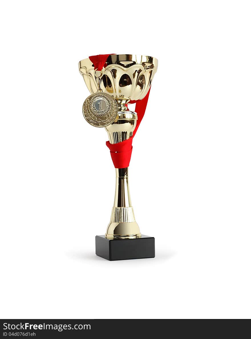 Award cup with gold medal on white background. Clipping path is included. Award cup with gold medal on white background. Clipping path is included