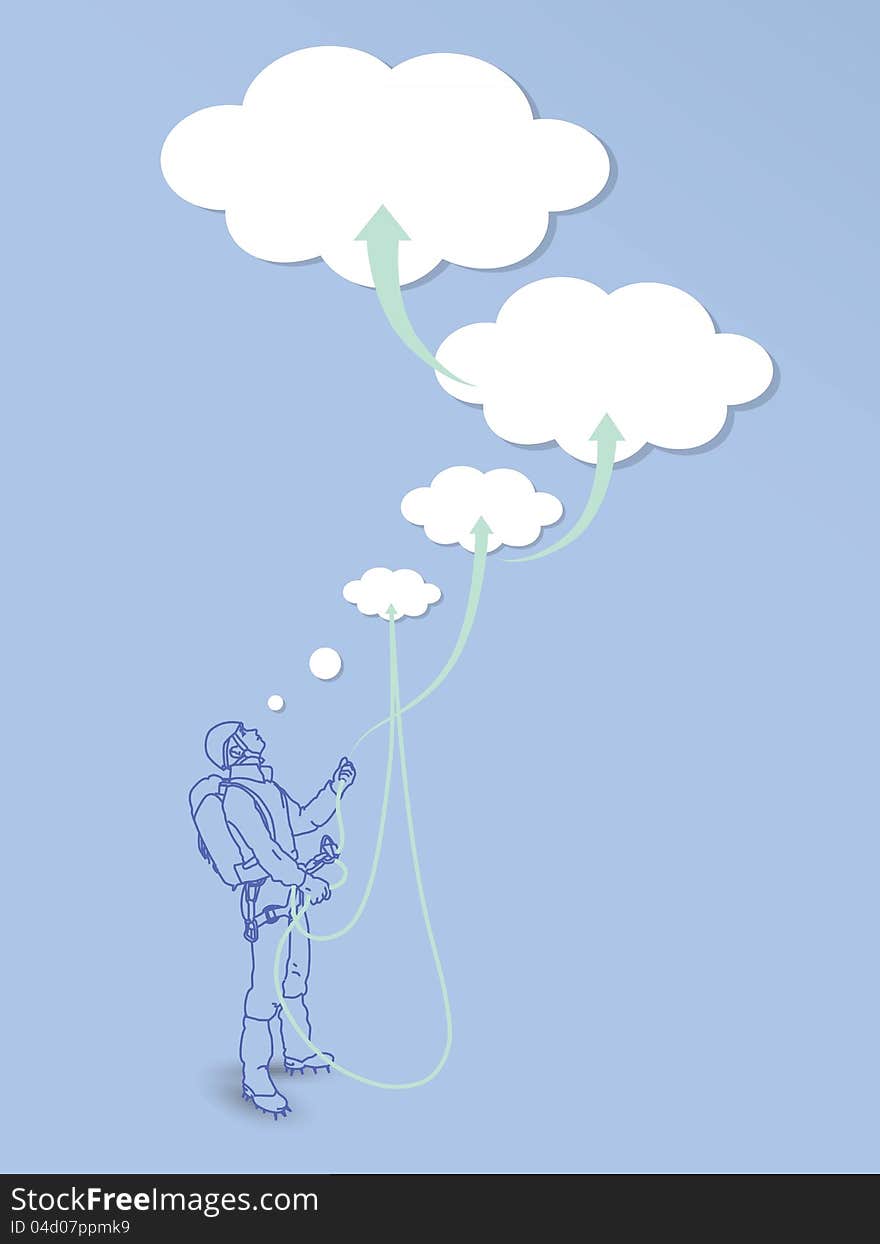 Conceptual illustration of climber with dreamed goals. Conceptual illustration of climber with dreamed goals