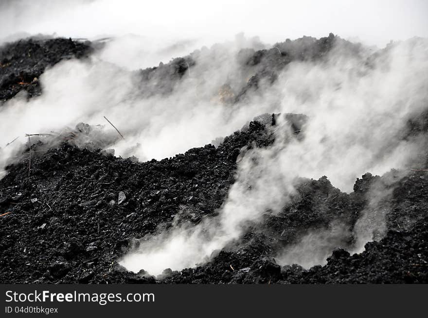 Charcoal pile burning in the outdoors, Romania