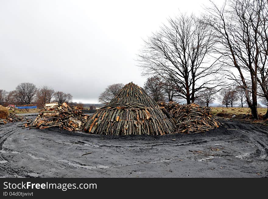 Charcoal pile  in the outdoors, Transylvania,  Romania