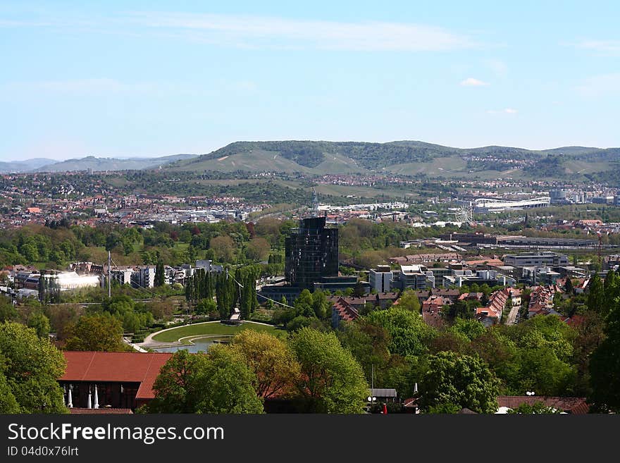 Top view of Stuttgart city with large parks and heals in the background view from Höhenpark Killesberg. Top view of Stuttgart city with large parks and heals in the background view from Höhenpark Killesberg