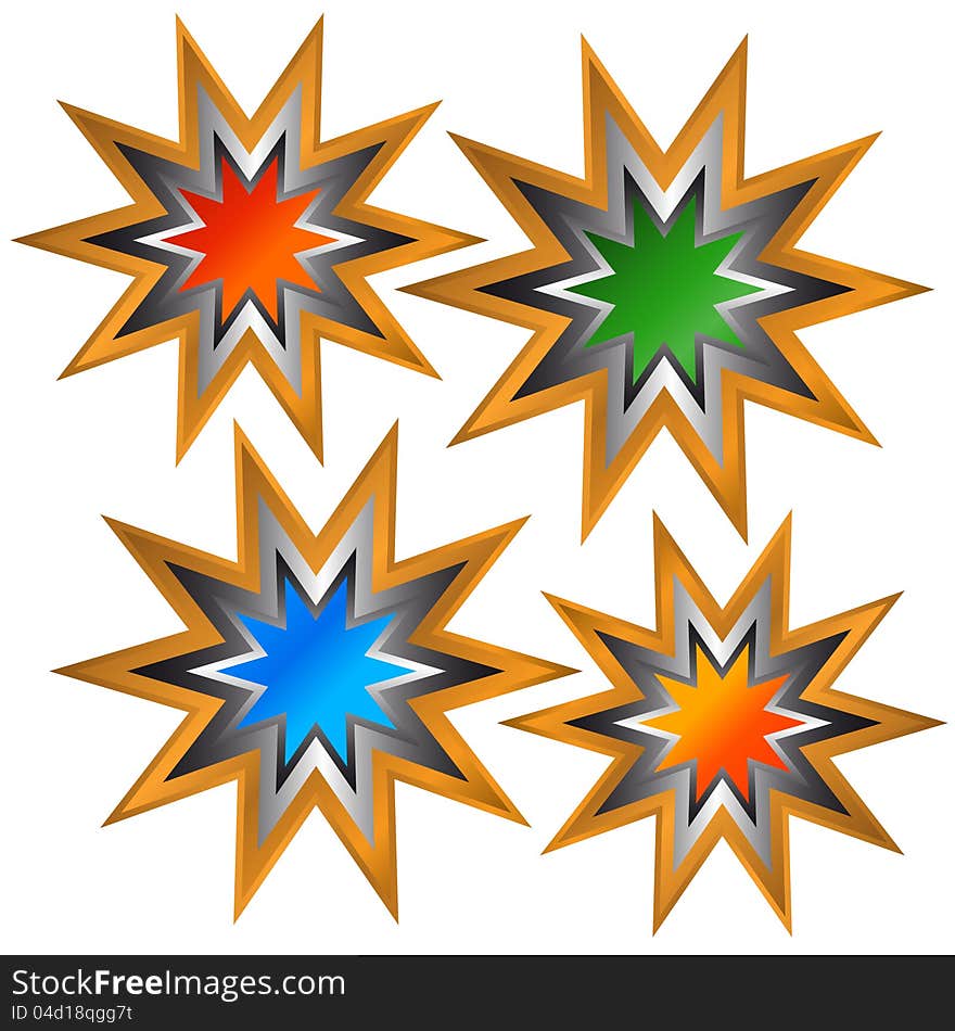 Four multi-colored stickers located on a white background