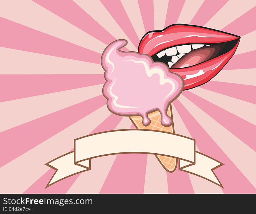 Illustration of lips is eating ice cream