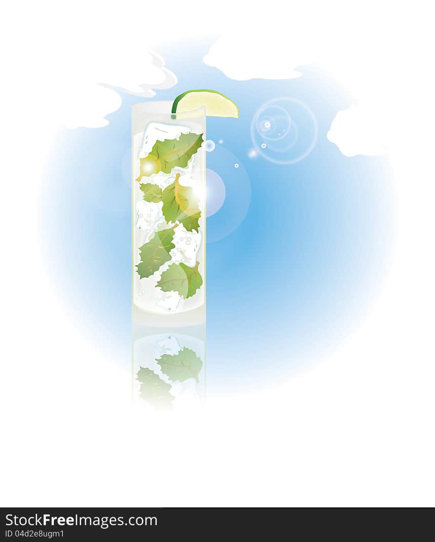 Illustration of glass of mojito against blue sky