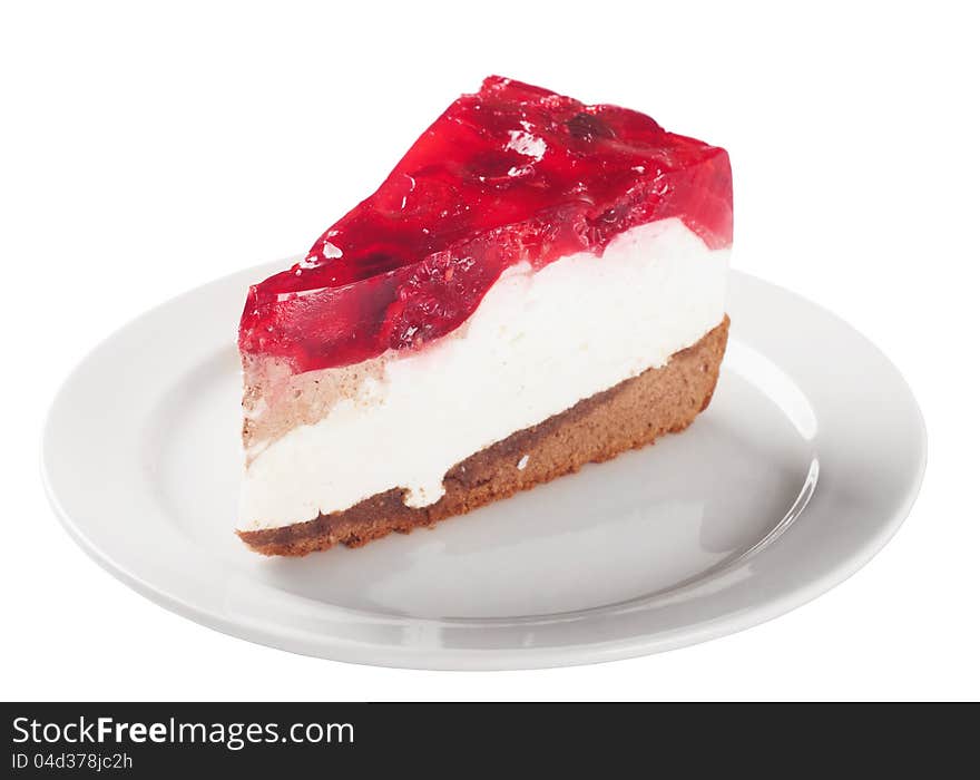 Cake with jelly and fruits over white