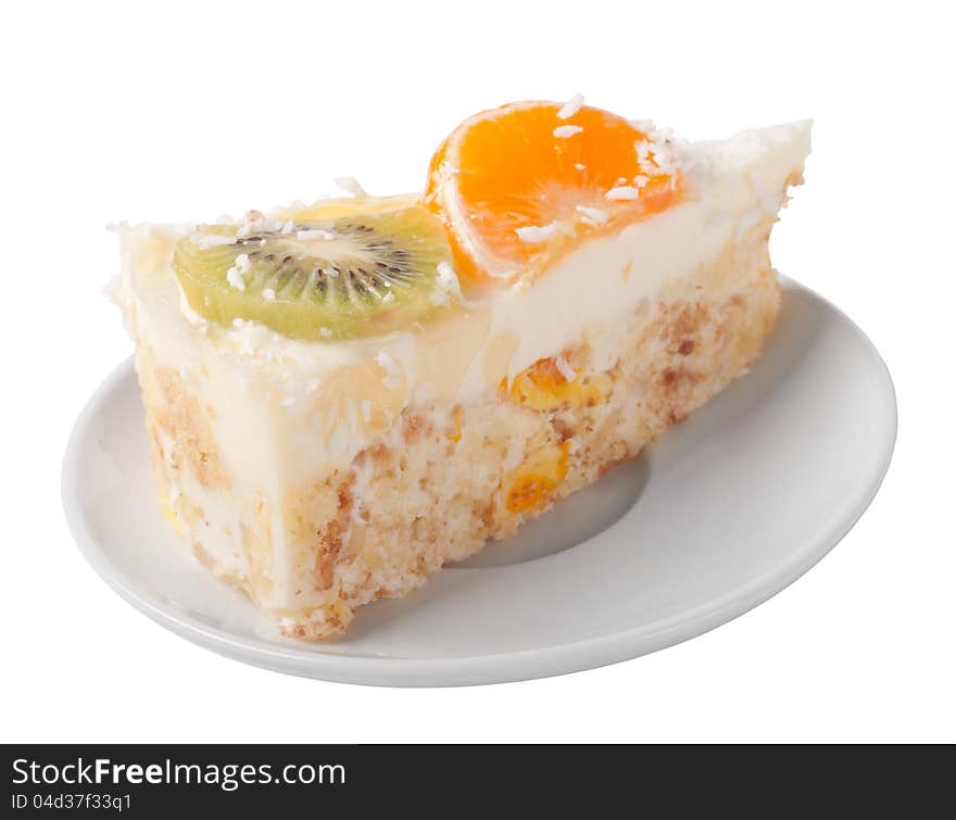 Cake with jelly and fruits over white