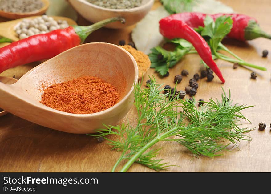 Spices in the spoons on wooden background