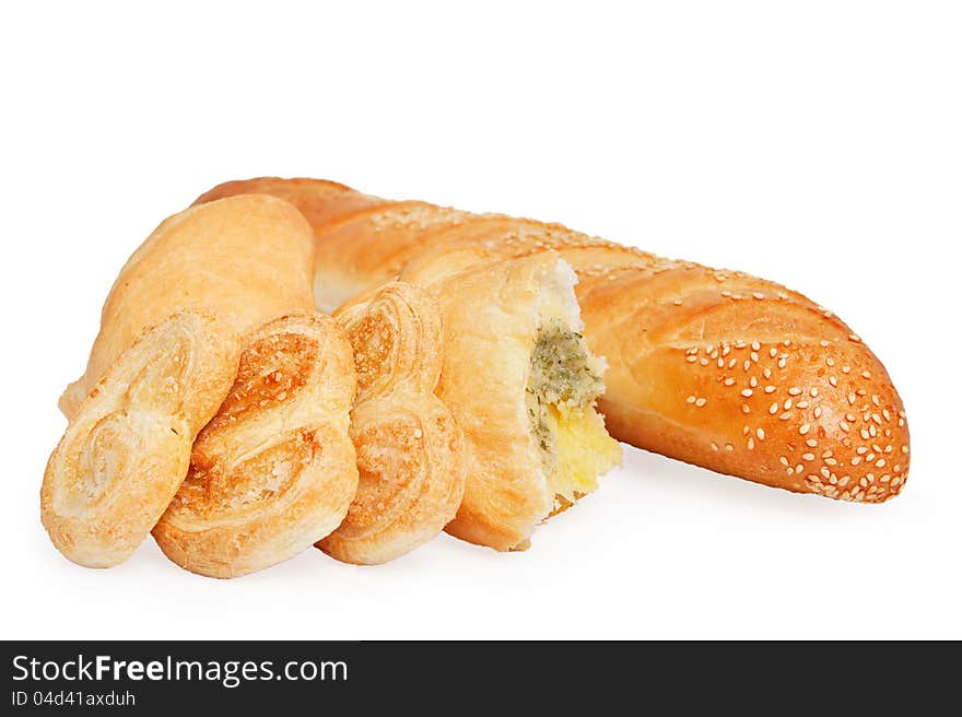 Bread with sesame, puff cookies, bun with filling made вЂ‹вЂ‹from wheat flour, isolated on white background. Bread with sesame, puff cookies, bun with filling made вЂ‹вЂ‹from wheat flour, isolated on white background