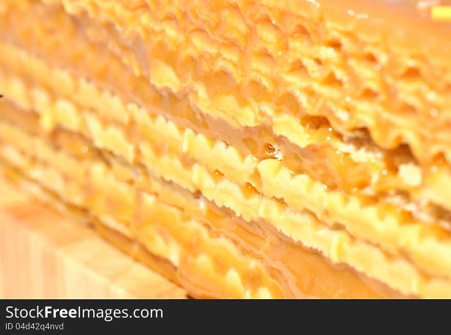 Waffles cake with caramel closeup