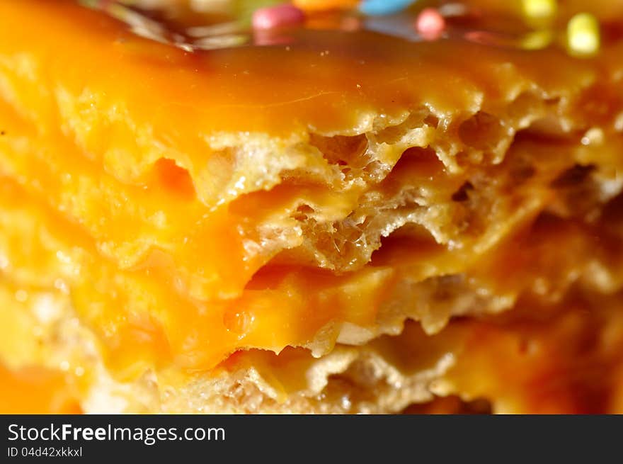 Waffles cake with caramel closeup