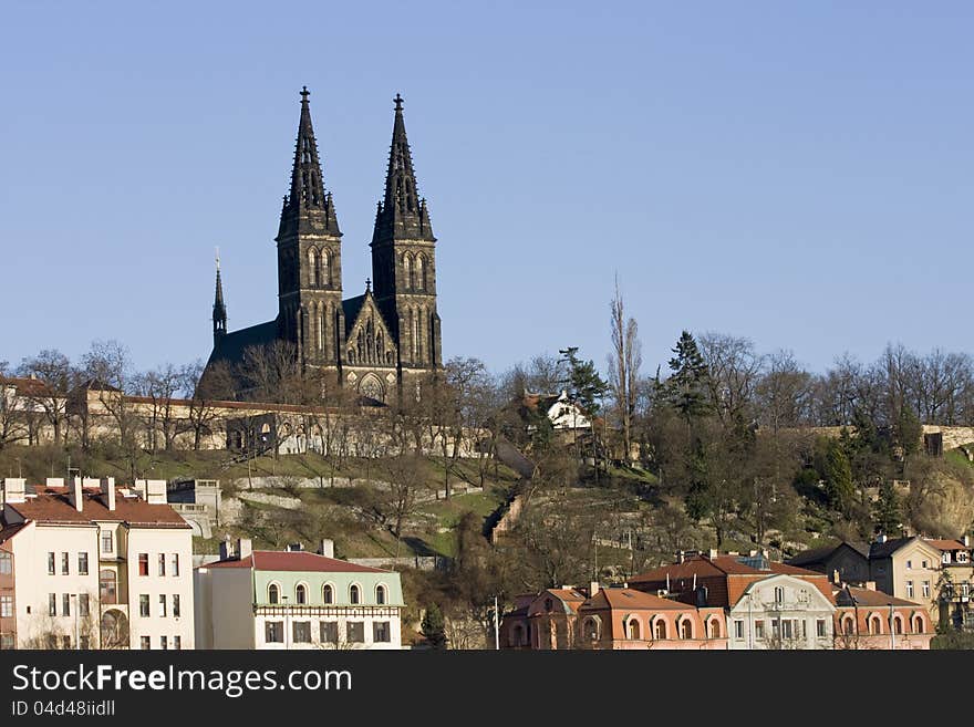 Vysehrad in church on a sunny day, vysehrad in the spring with blue sky in the background