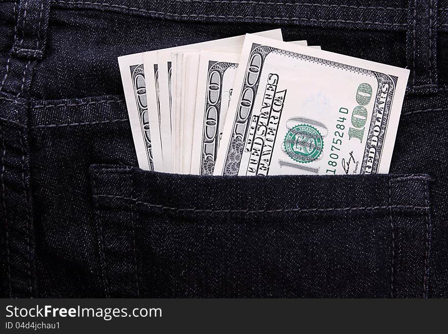 Money in jeans pocket, Shopping background. Money in jeans pocket, Shopping background