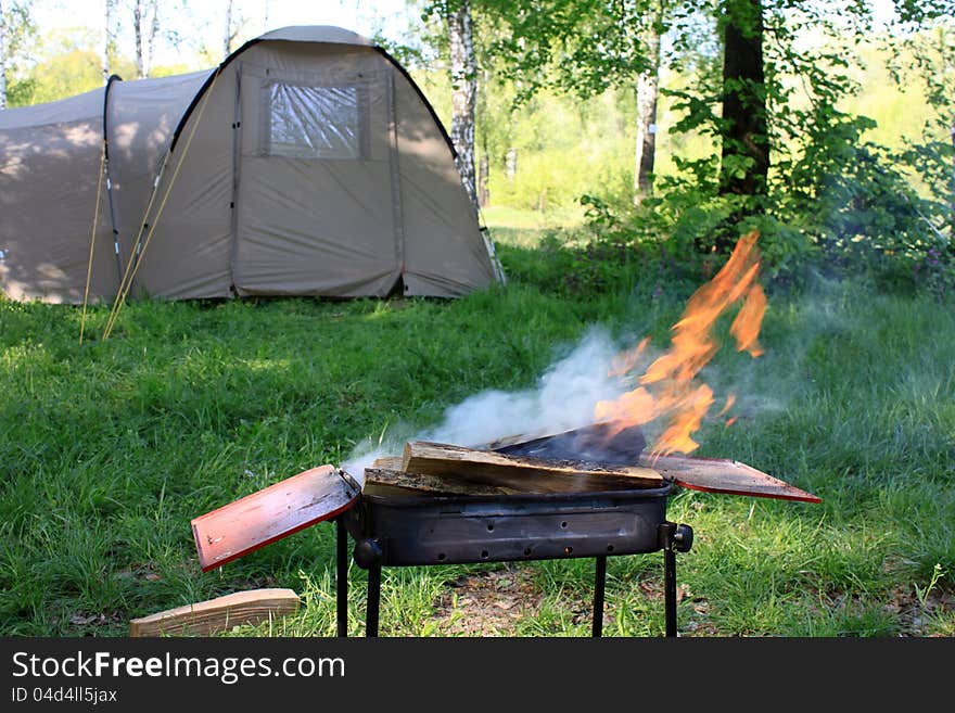 Weekend in the outdoors with a tent and barbecue