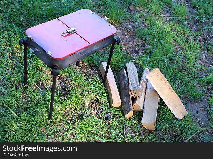 Barbecue and wood on the green grass in the summer