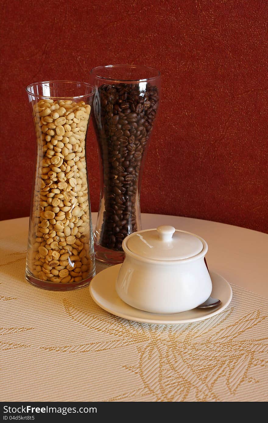 Decorated dining room table in a coffee shop. Decorated dining room table in a coffee shop.