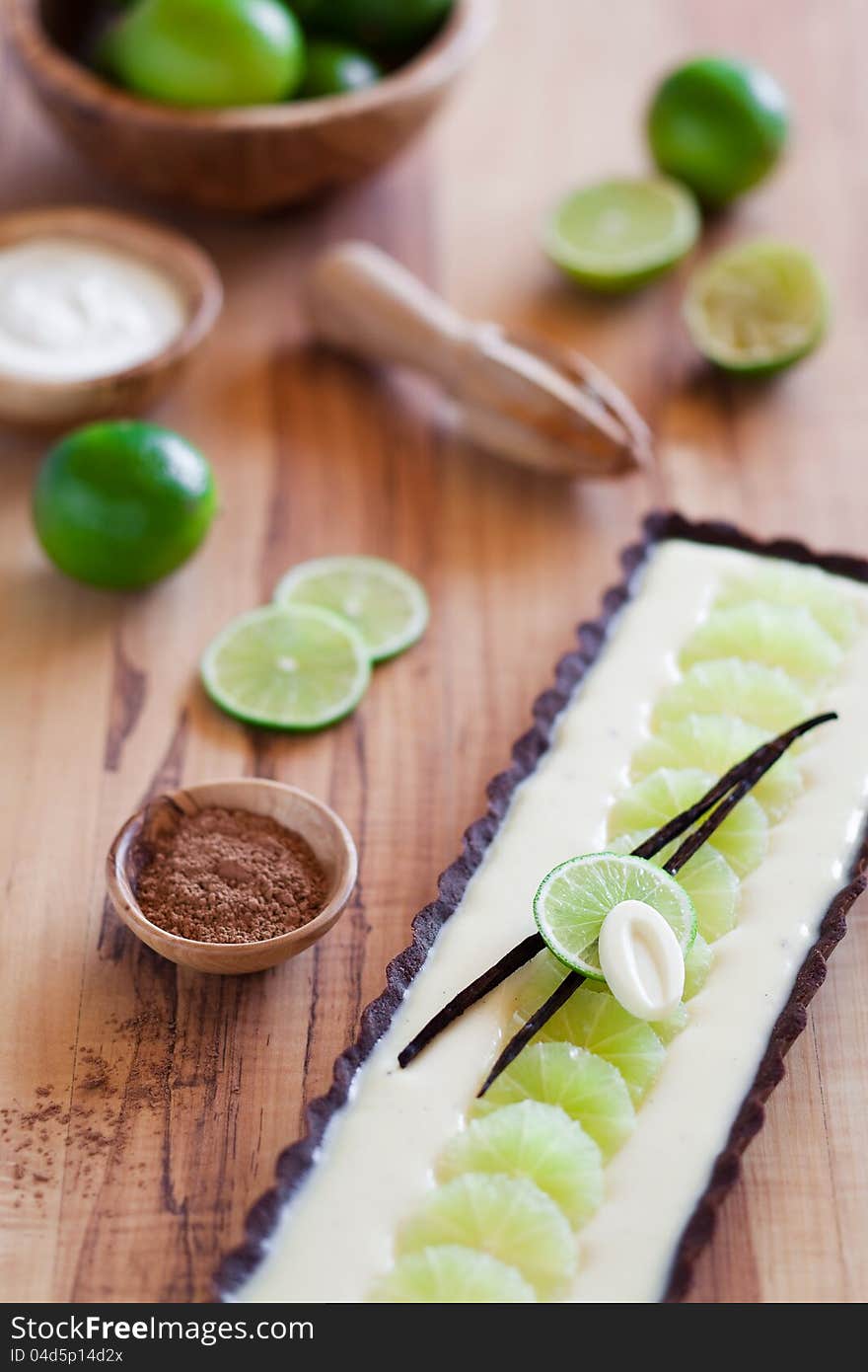 Lime chocolate tart, selective focus