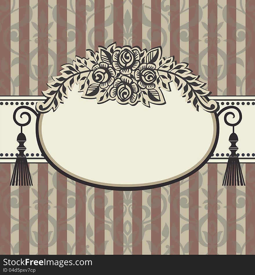 Vector illustration roses frame with space for your text on brown grey background with ornaments. Vector illustration roses frame with space for your text on brown grey background with ornaments