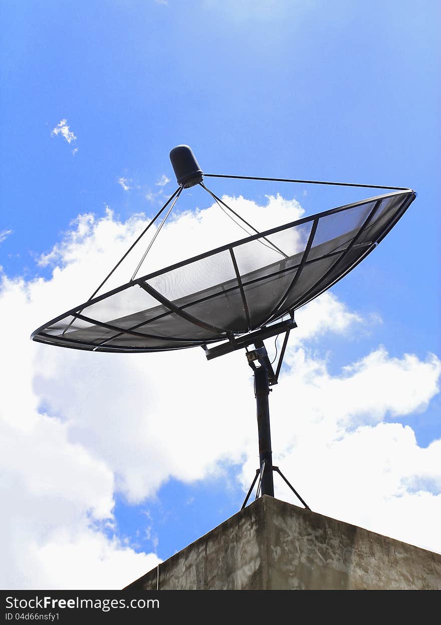 Satellite dish for communication with blue sky background