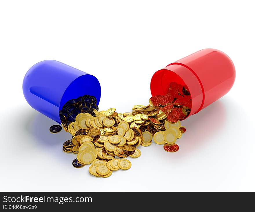 Red and blue pills with golden coins on white background. Red and blue pills with golden coins on white background