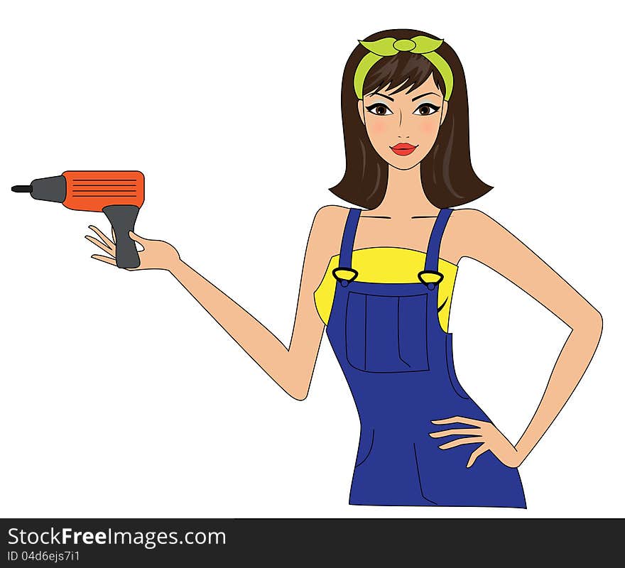 Young attractive woman holding a drilling machine. Young attractive woman holding a drilling machine