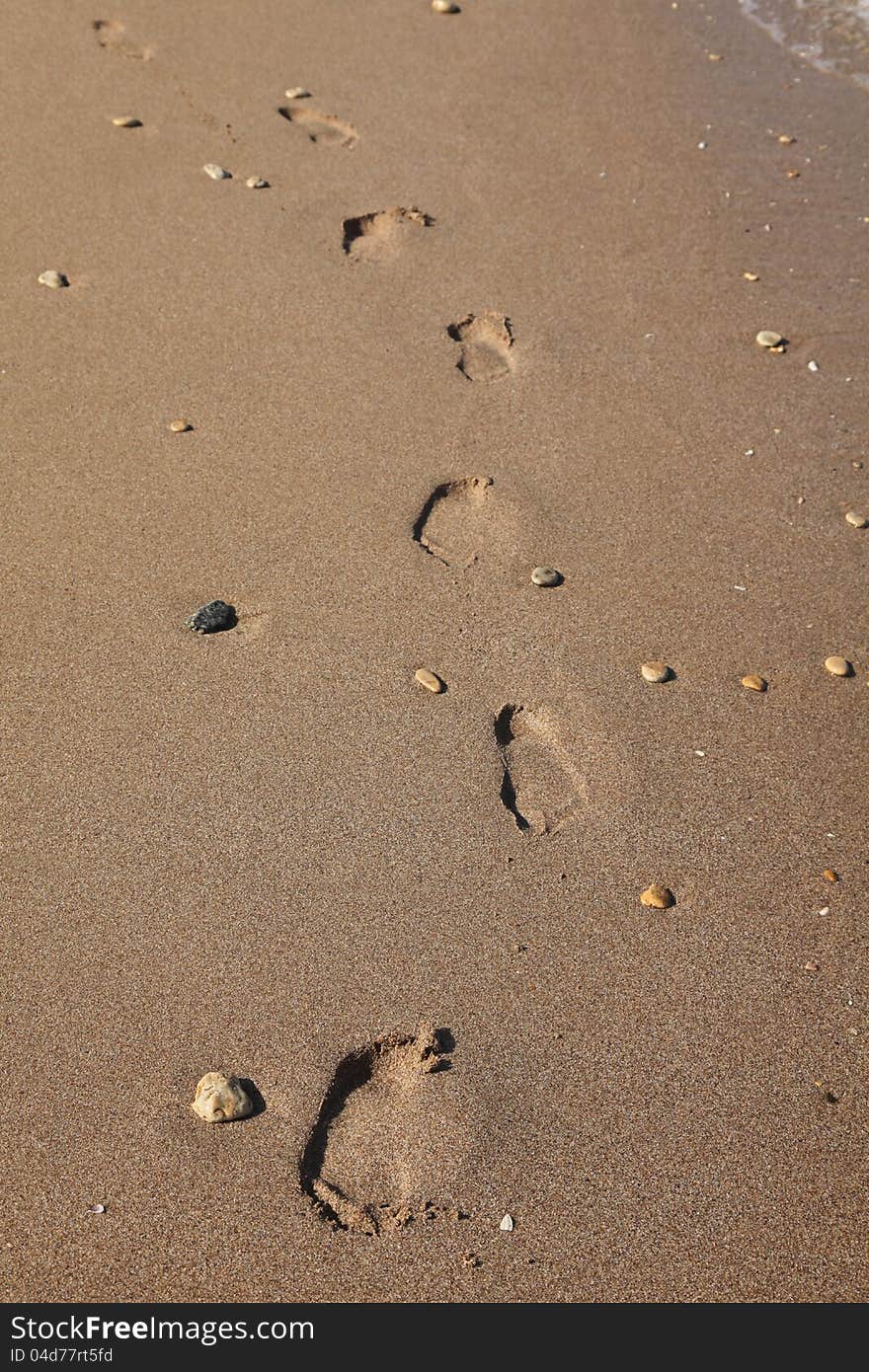 A row of footsteps on the beach. A row of footsteps on the beach