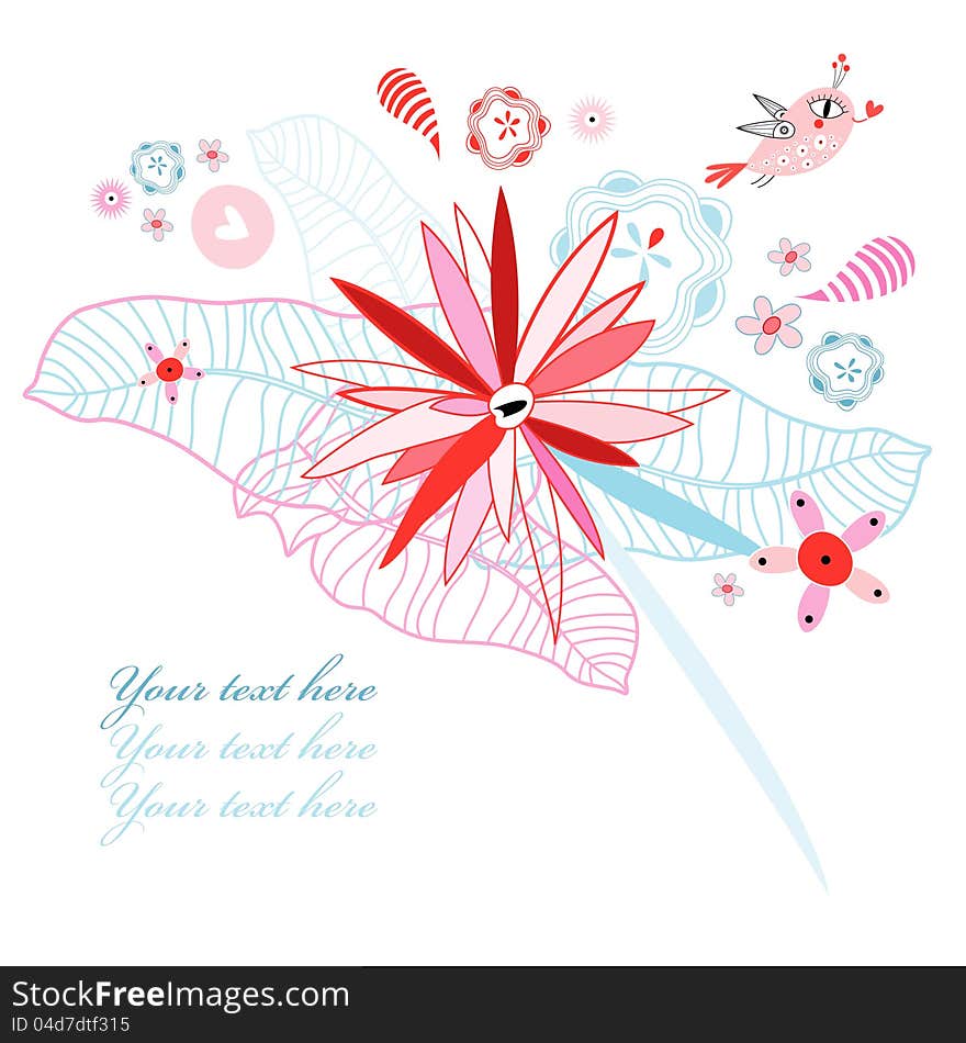 Bright floral background with a bird on a white