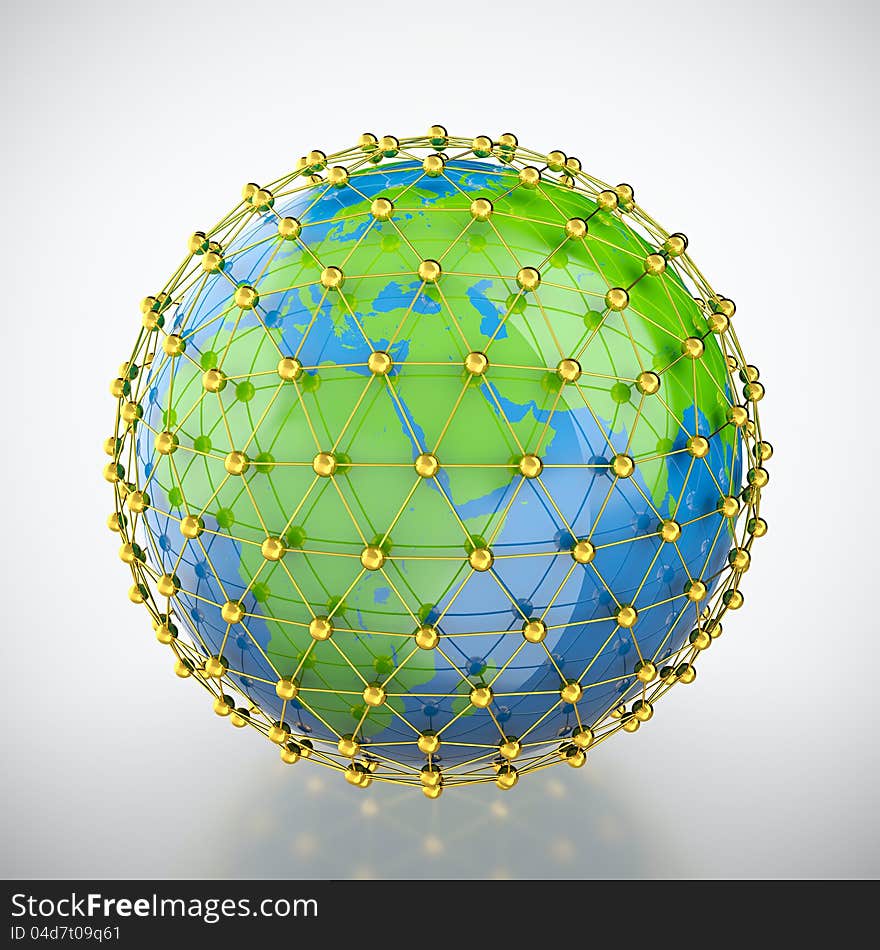 3D render of earth trapped in golden cage. 3D render of earth trapped in golden cage