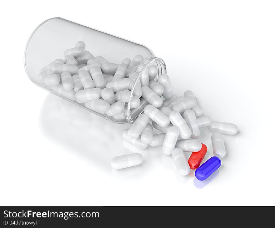 Red and blue pills among white pills spilled from bottle. Red and blue pills among white pills spilled from bottle