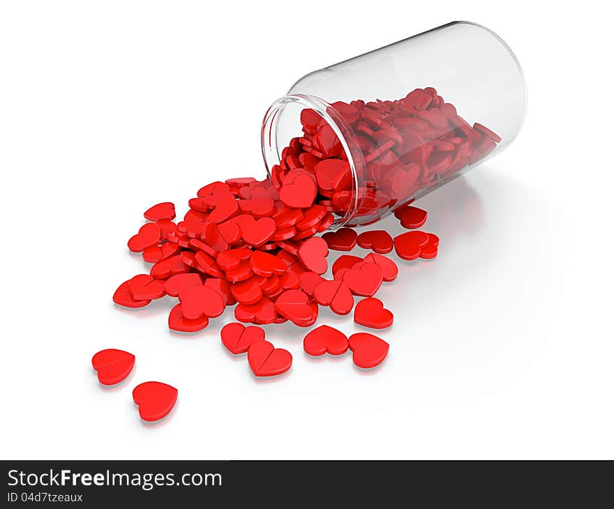 Heart pills spilled from prescription bottle on white background