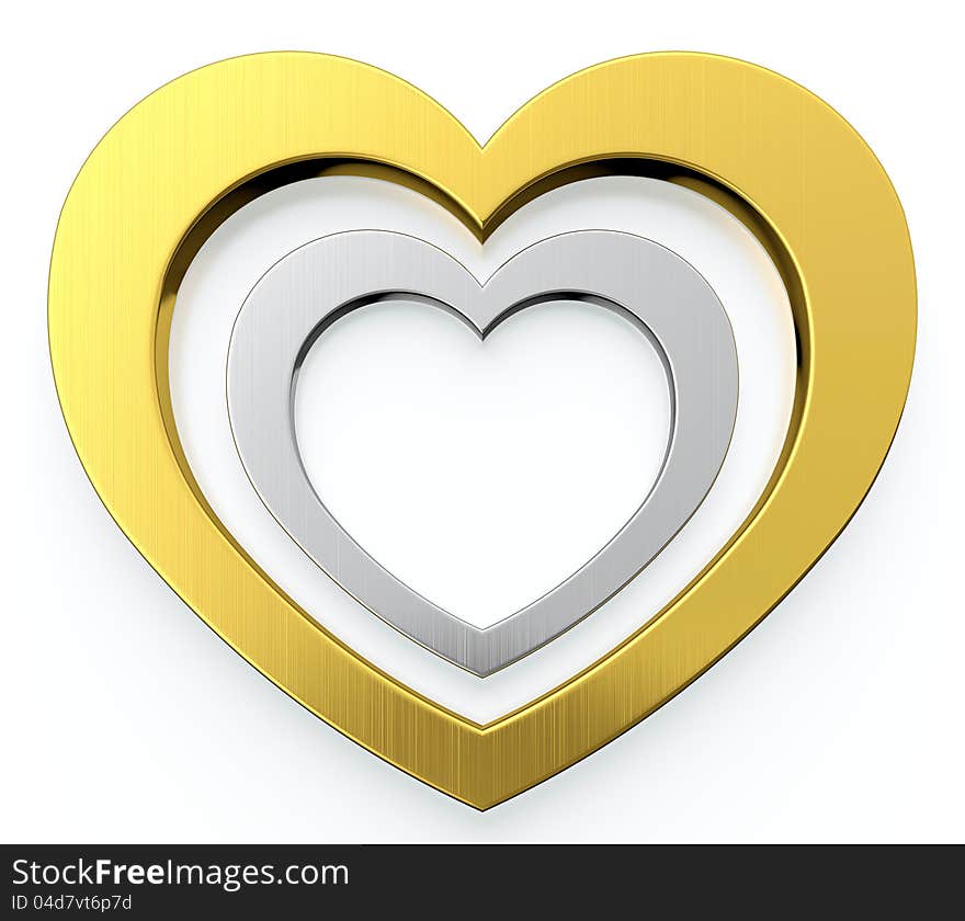 Golden heart and silver heart in center of it on white background. Golden heart and silver heart in center of it on white background