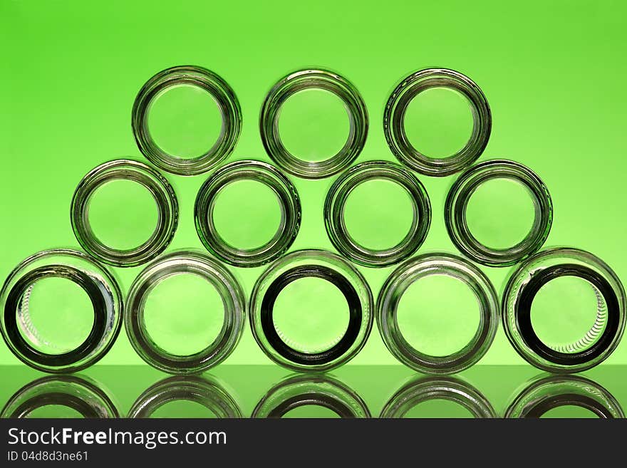 A group of bottle on green background